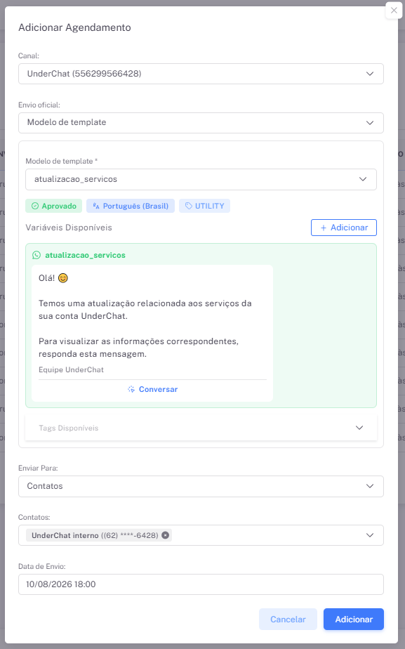 Exemplo real de agendamento de mensagem automática WhatsApp na UnderChat