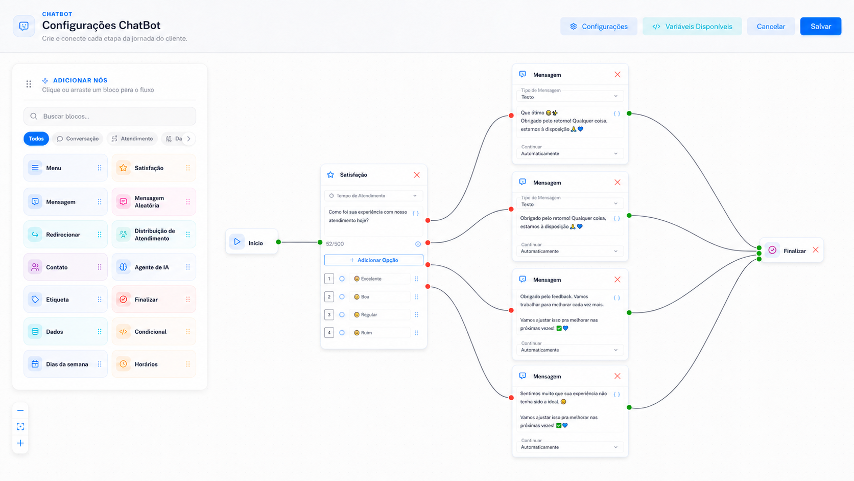 Construtor visual da UnderChat com pesquisa de satisfação, quatro respostas automáticas e encerramento do atendimento no chatbot WhatsApp