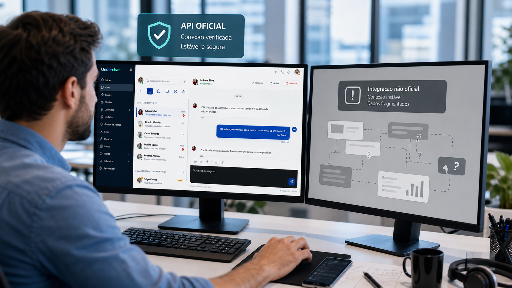 Profissional comparando API oficial e integração não oficial no painel UnderChat