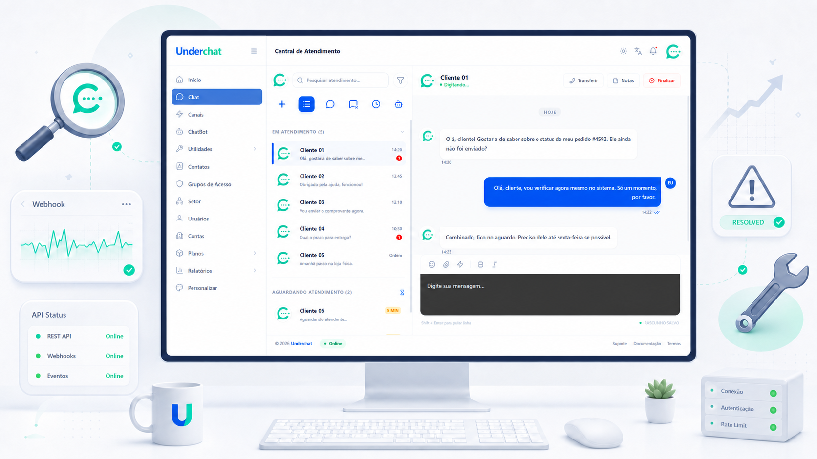 Diagnóstico da API Oficial do WhatsApp — UnderChat Desenvolvedor diagnosticando erros da API Oficial do WhatsApp em logs e eventos