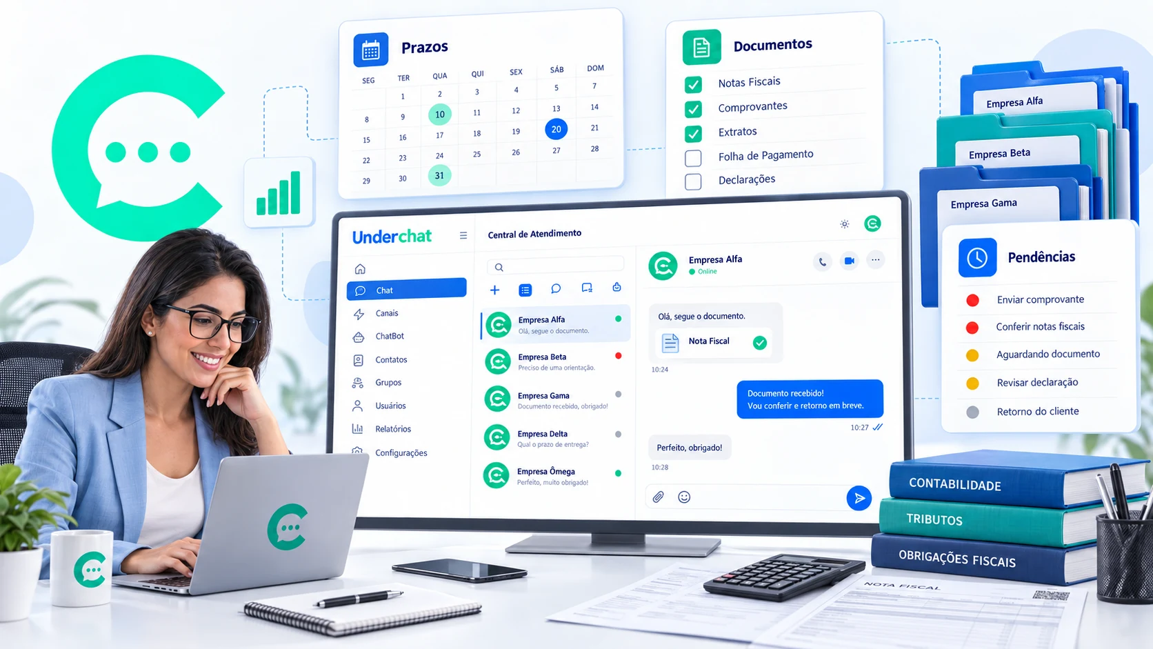 Profissional de contabilidade organizando documentos, prazos e pendências na central UnderChat
