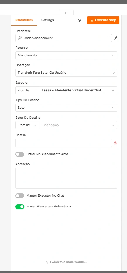 Configuração do node UnderChat no n8n para transferir atendimento ao setor Financeiro com anotação e mensagem automática