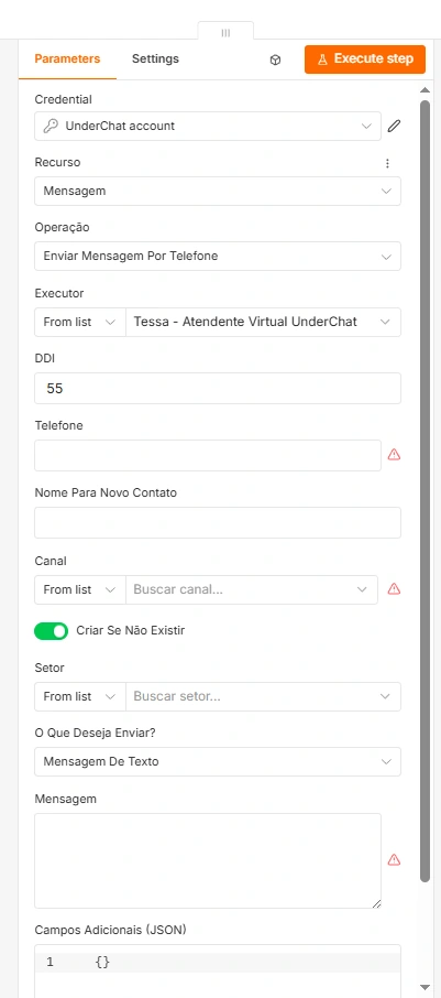 Configuração do node UnderChat no n8n para enviar mensagem por telefone com DDI, executor, canal e setor