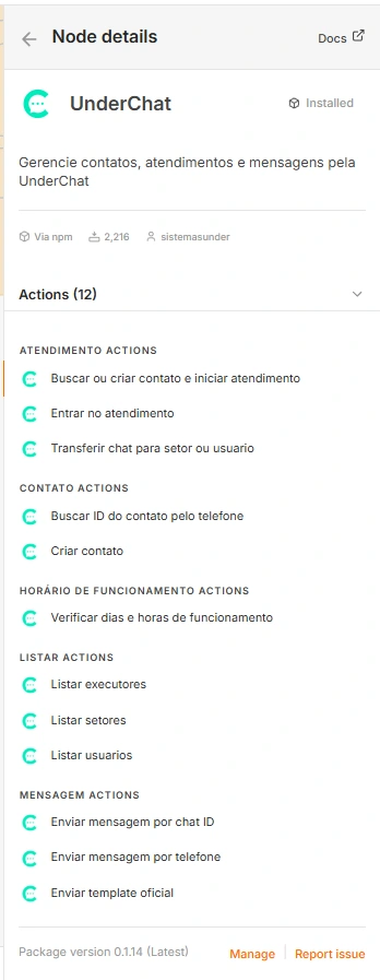 Tela de detalhes do node UnderChat no n8n com 12 ações para atendimentos, contatos, horários, listas e mensagens