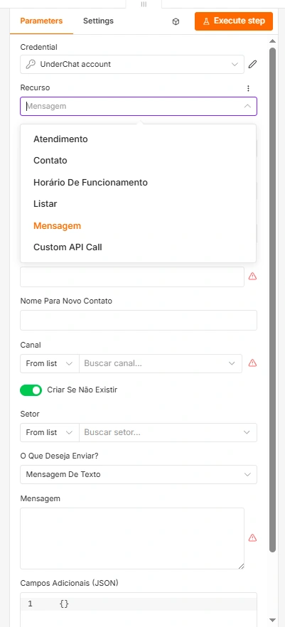 Menu de recursos do node UnderChat no n8n com atendimento, contato, horário, listagem, mensagem e chamada personalizada de API