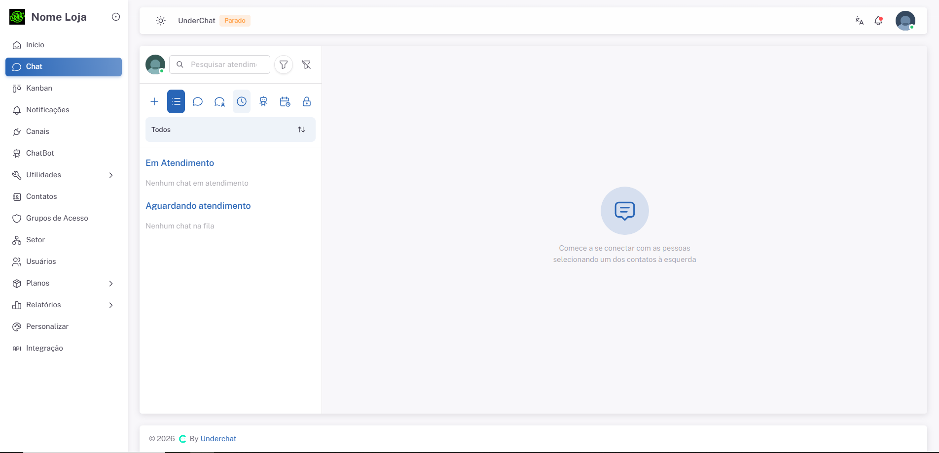 Tela real da plataforma UnderChat com atendimento pelo WhatsApp